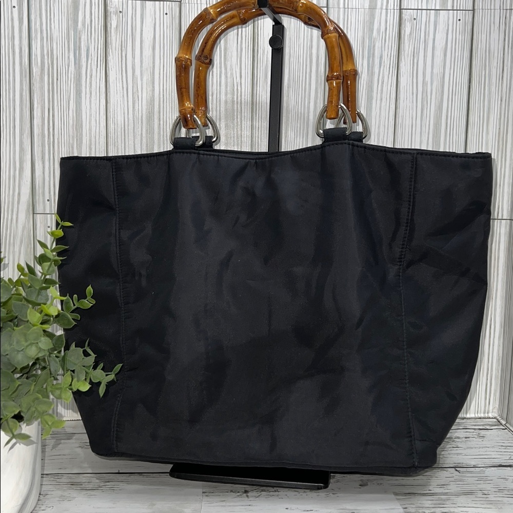 Banana Republic Black Nylon Tote Bag with Bamboo Handles | - Picture 2 of 10